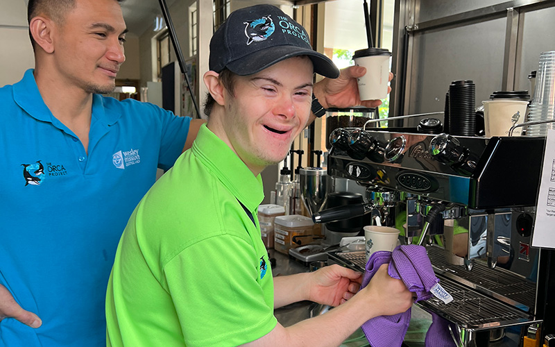 School leaver with a disability during barista training with ORCA instructor