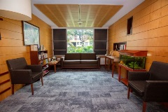 Room with window, armchairs, bookcase and fish aquarium