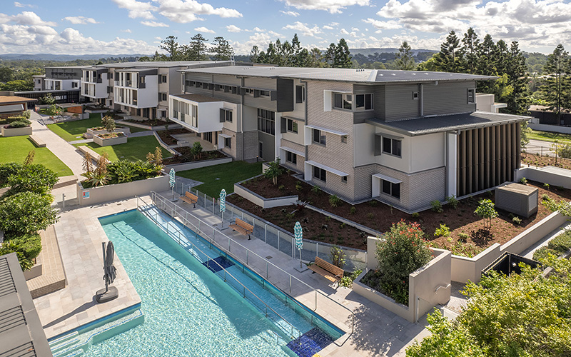 Aerial view of Rosemount Retirement Village and the outdoor heated pool