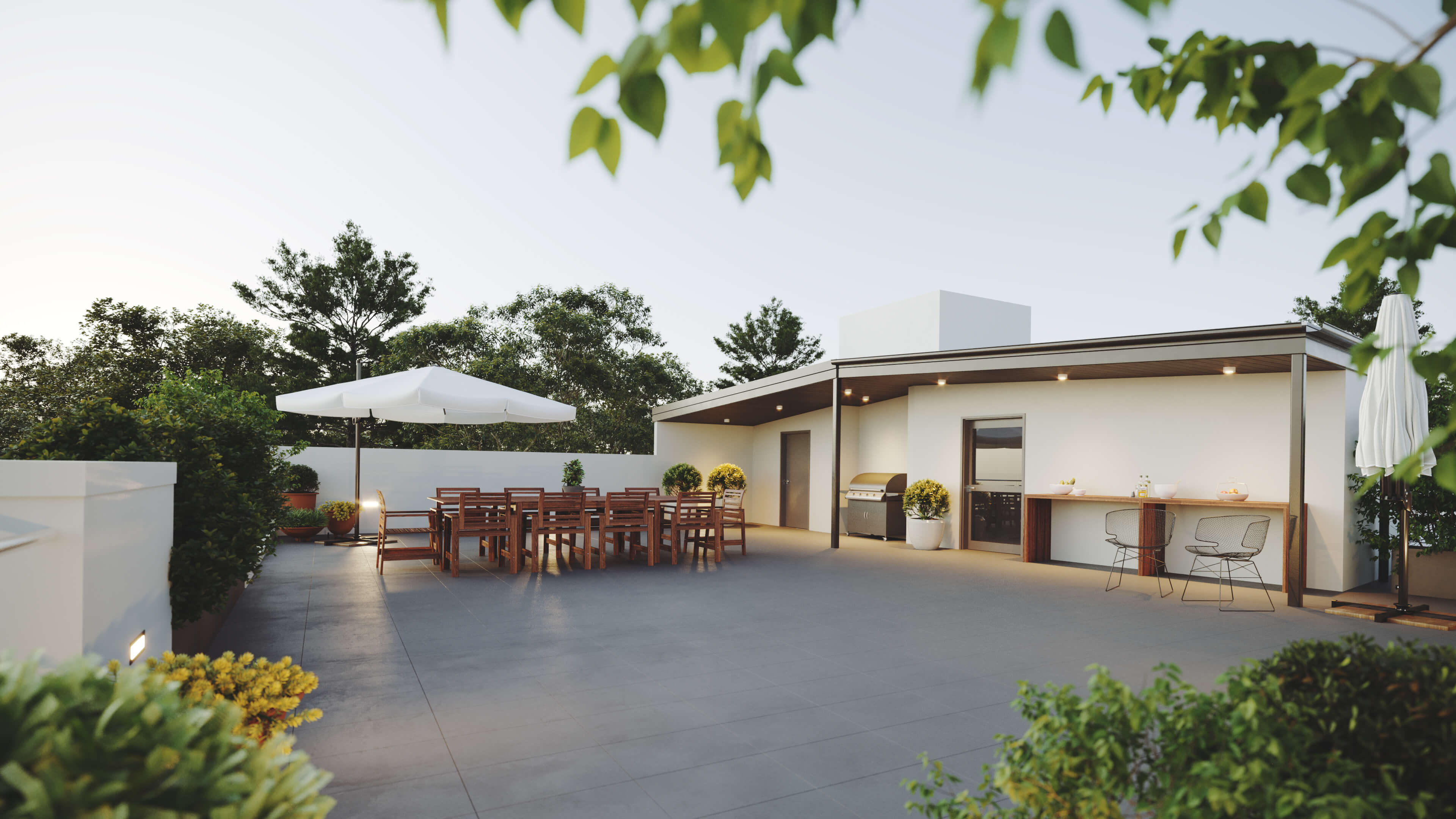 Render of an outdoor roof terrace with dining table and chairs and umbrella and plants and tree